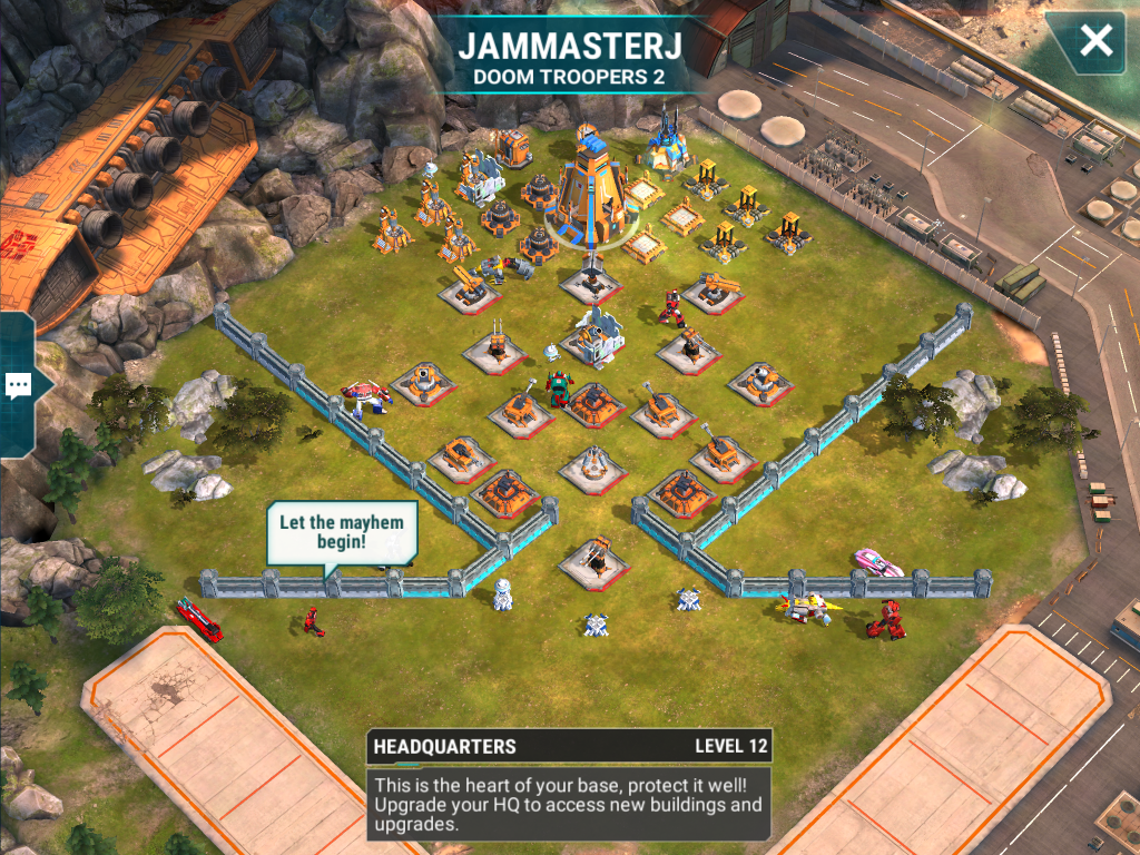 Level 12 base, I can assure you this guy has above 40 bots as well. This base features a level 7 and a level 6 beam. It only has a level 1 launcher though. The mortars are level 8, 7, then 8. And of course a level 3 shock tower at the entrance. AOE once again will be your friend.